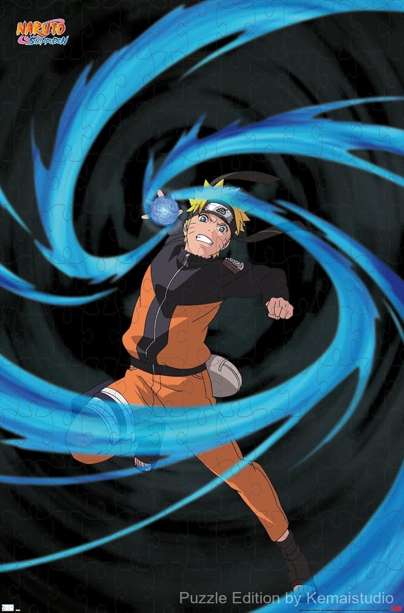 Wooden puzzle featuring Naruto Uzumaki in his iconic pose, full of vibrant colors and details