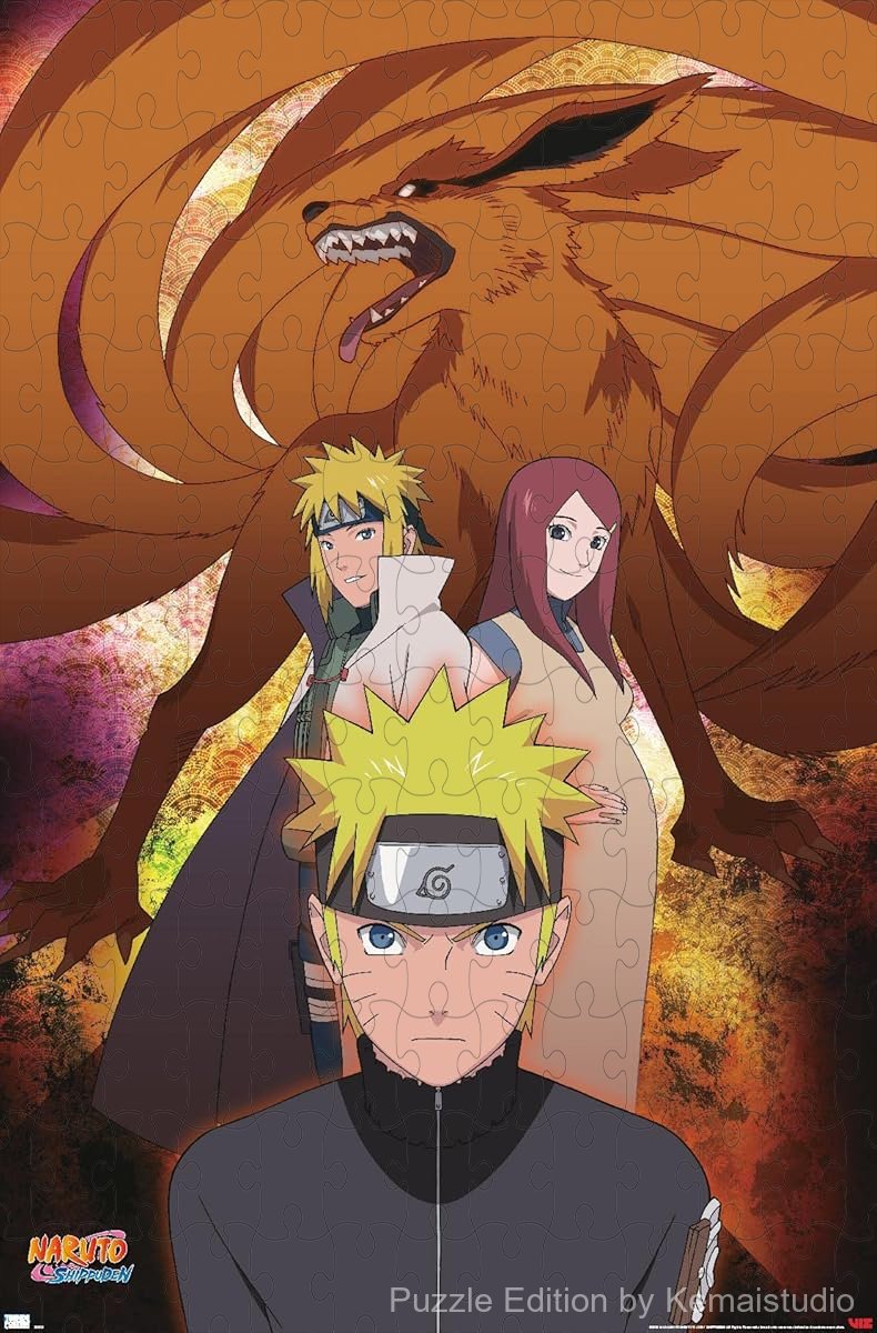 Wooden puzzle featuring the Nine-Tails and key characters from Naruto Shippuden, showcasing power and mystique