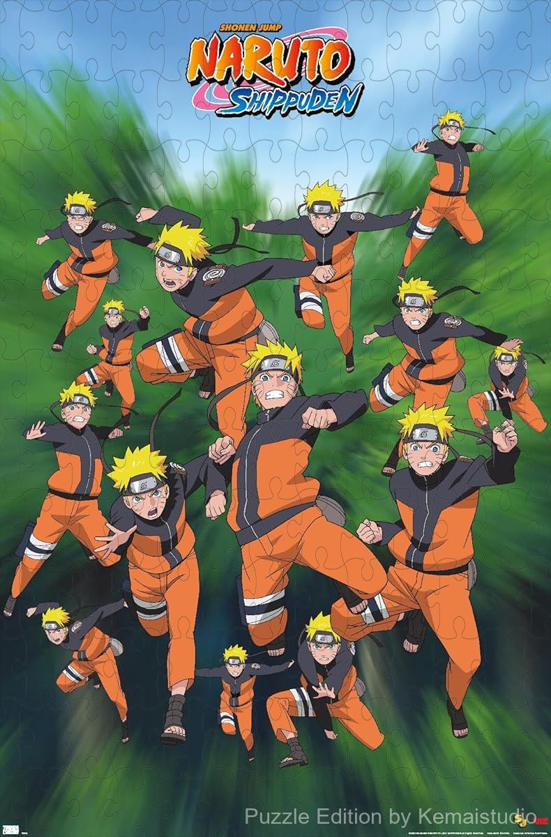 Wooden puzzle featuring Naruto and others in action-packed poses, showcasing intense battle scenes