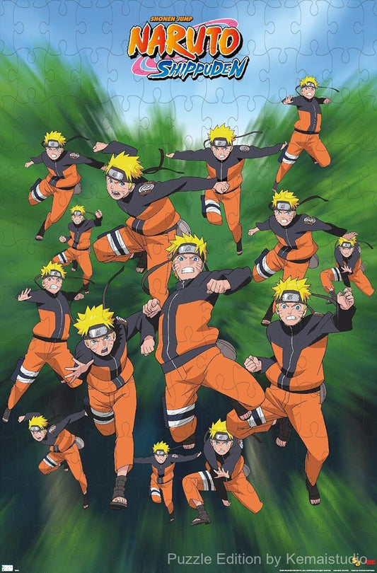 Wooden puzzle featuring Naruto and others in action-packed poses, showcasing intense battle scenes