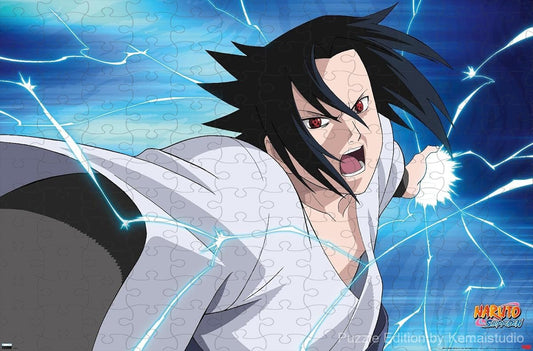 Wooden puzzle featuring Sasuke Uchiha, showcasing his unique ninja style and intense focus