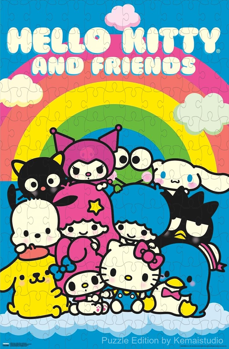 Wooden puzzle featuring Hello Kitty and friends in a vibrant neon design, perfect for fans of colorful art