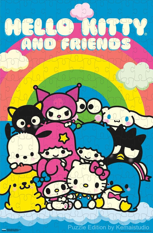 Wooden puzzle featuring Hello Kitty and friends in a vibrant neon design, perfect for fans of colorful art