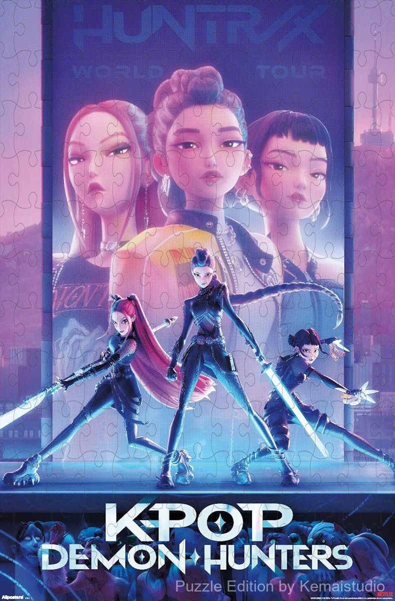 Wooden puzzle featuring the promotional key art from Netflix's KPop Demon Hunters, with vibrant and powerful visuals