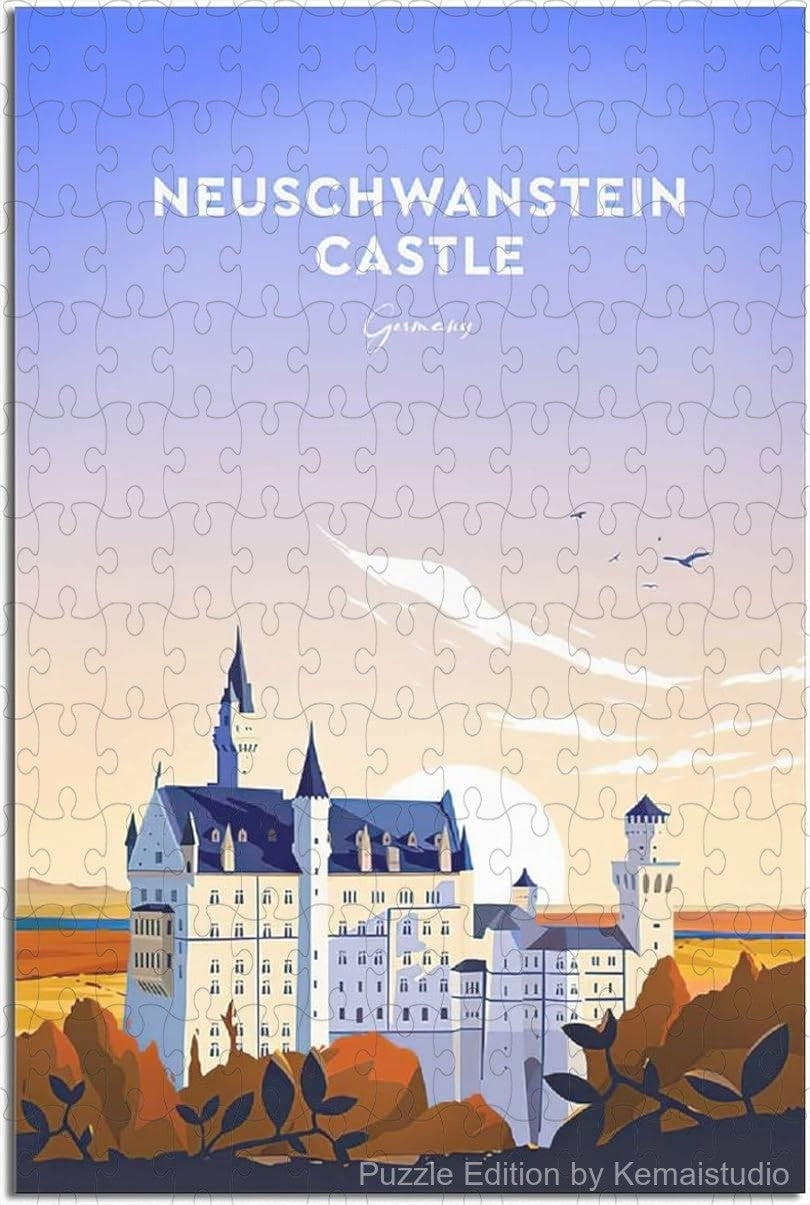 Experience Neuschwanstein Castle with this vintage travel poster puzzle, a fun wooden jigsaw puzzle for adults