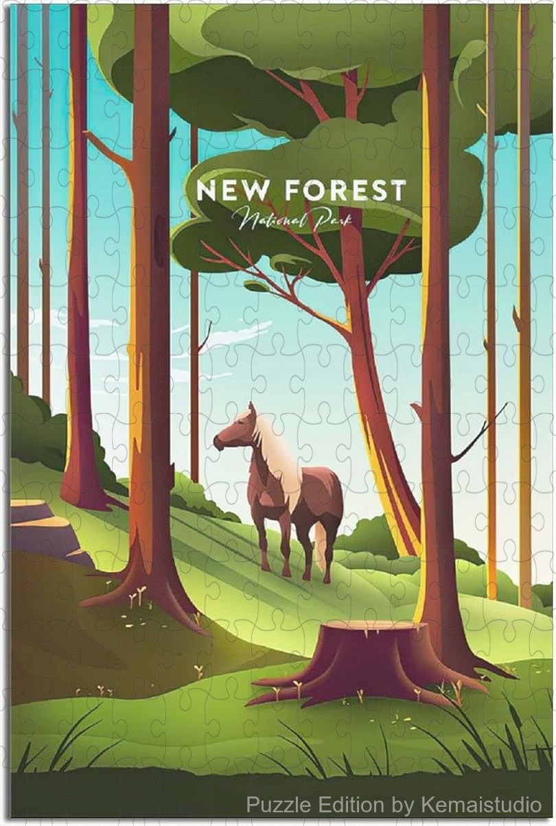 Relax with this New Forest vintage travel poster puzzle, showcasing serene landscapes and vintage city art for home decoration