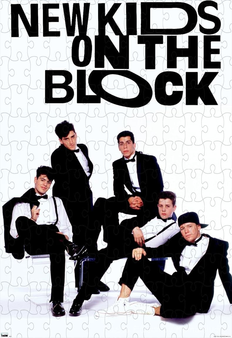 500-piece wooden jigsaw puzzle featuring New Kids on the Block in tuxedos.