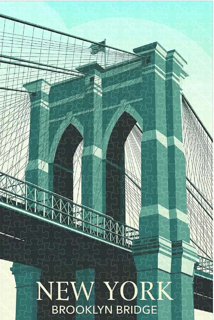 New York Brooklyn Bridge vintage travel poster jigsaw puzzle for adults, 1000-piece wooden puzzle of the iconic Brooklyn Bridge.