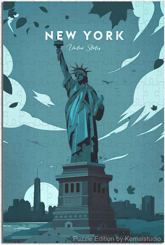 Vintage New York City puzzle featuring skyline and Statue of Liberty art