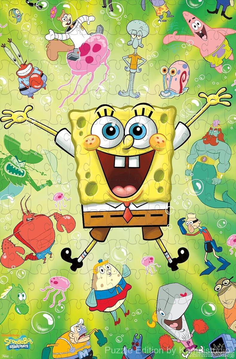 500-piece wooden jigsaw puzzle featuring Spongebob in an energetic burst.