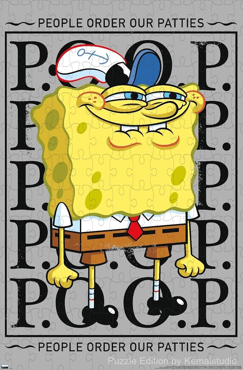 500-piece wooden jigsaw puzzle featuring Spongebob in a P.O.O.P. theme.