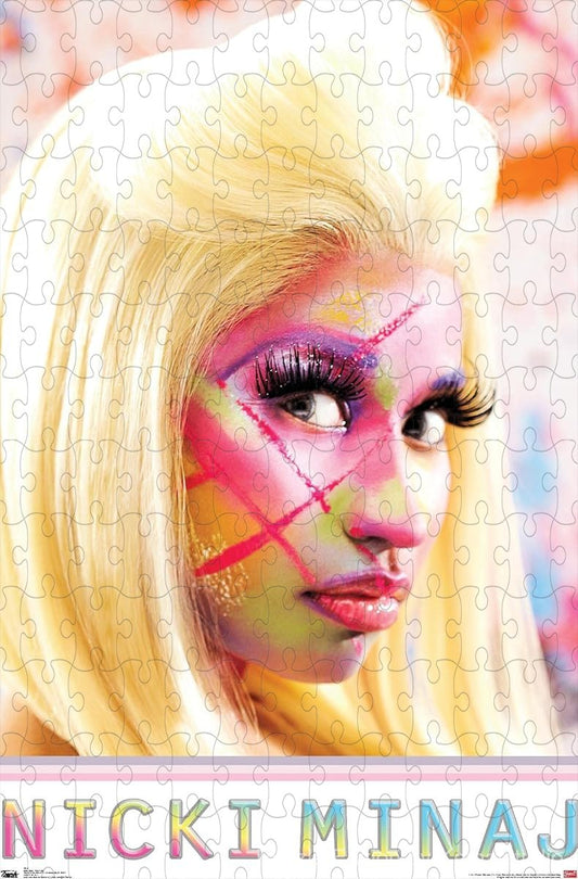 A striking and colorful puzzle of Nicki Minaj with dramatic face paint, ideal for collectors
