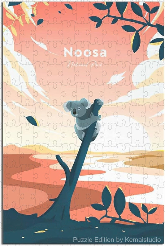 Coastal Noosa travel poster puzzle with vintage beach art