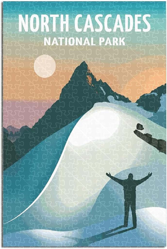 North Cascades National Park vintage travel poster jigsaw puzzle for aults, 1000-piece wooden puzzle of the breathtaking Cascades.