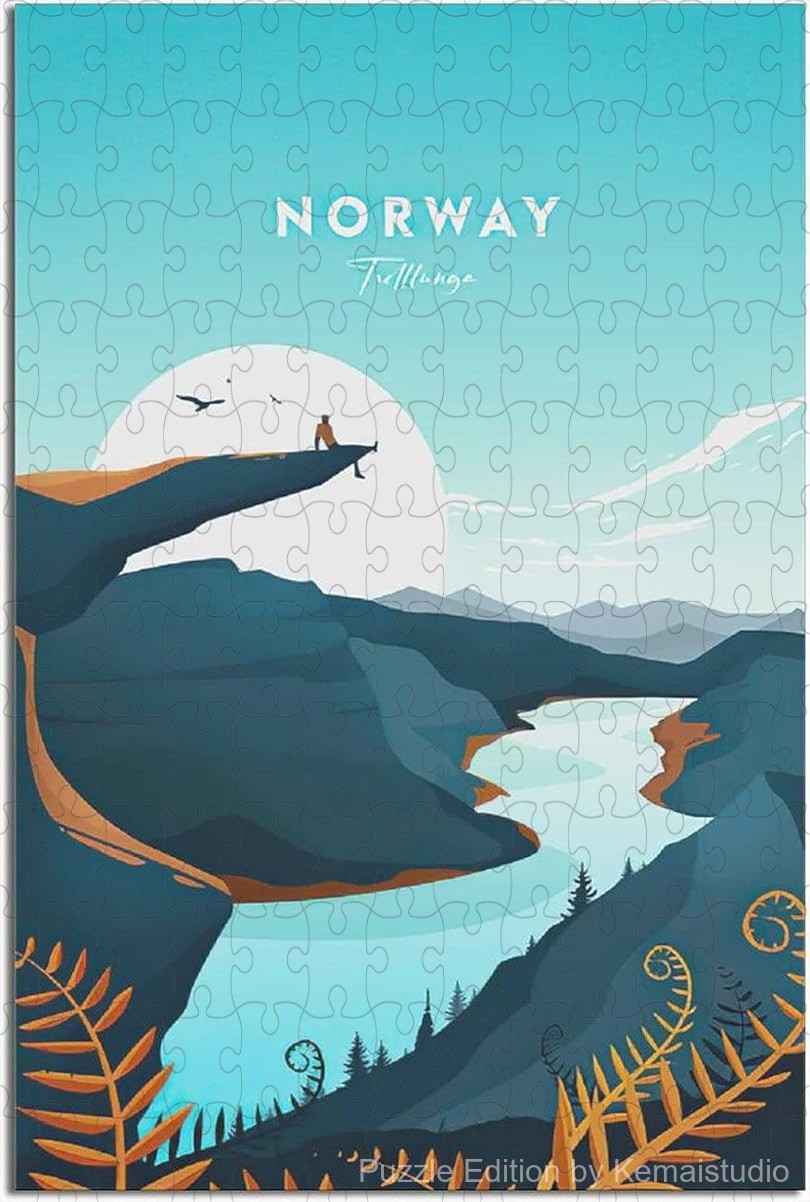 Norwegian fjord and village puzzle in vintage poster style