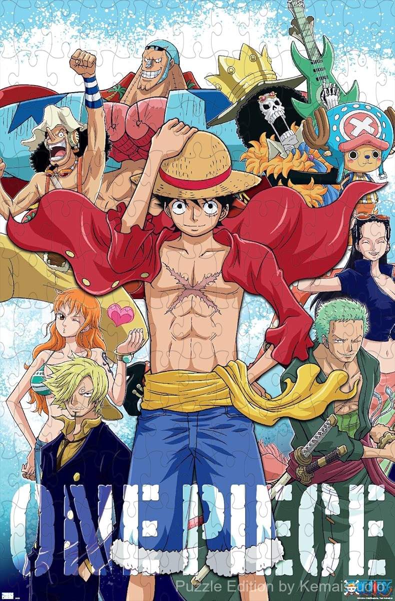 1000-piece wooden jigsaw puzzle featuring the iconic crew from One Piece.