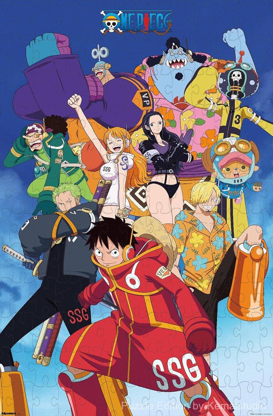 Wooden puzzle featuring the crew from the Egghead Arc in One Piece, with exciting adventure visuals