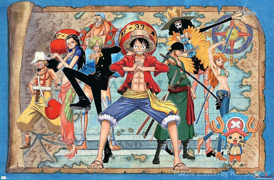 Wooden puzzle featuring a map of the One Piece world, highlighting the Straw Hat Pirates' journey
