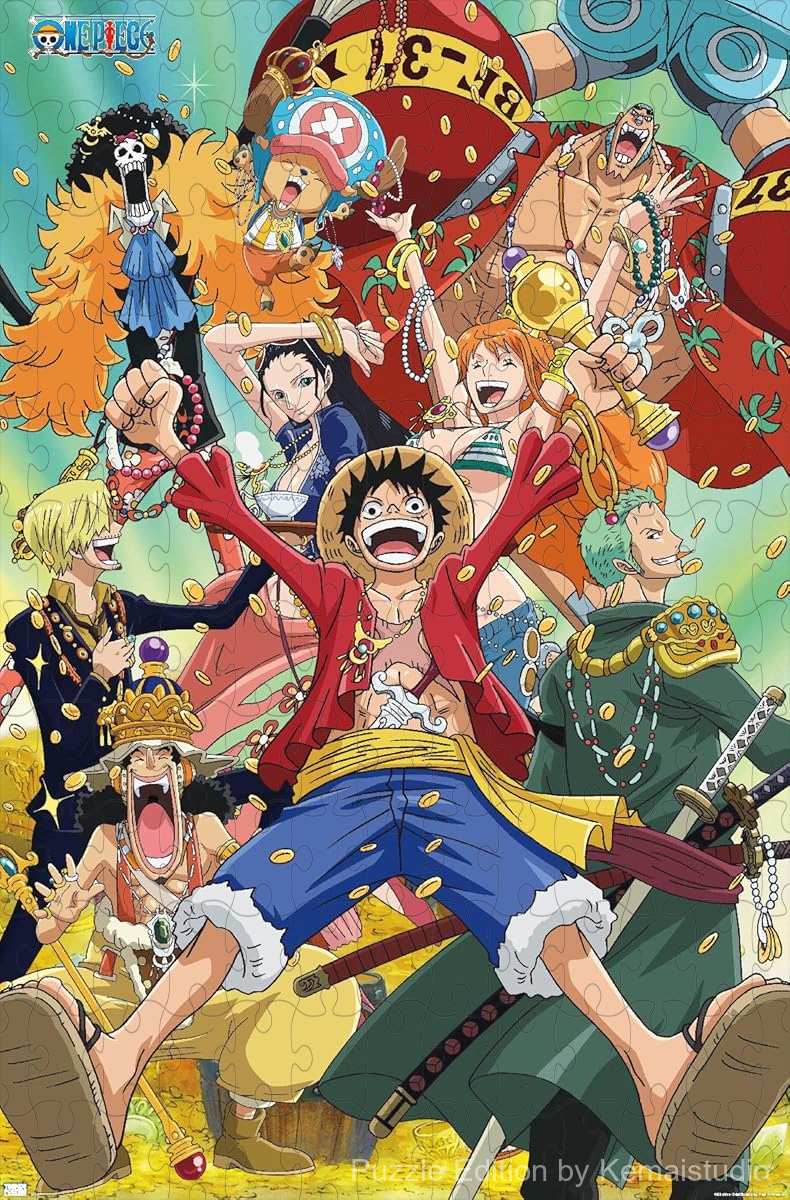 Wooden puzzle depicting the Straw Hat Pirates on a scenic island, a fun and detailed jigsaw puzzle
