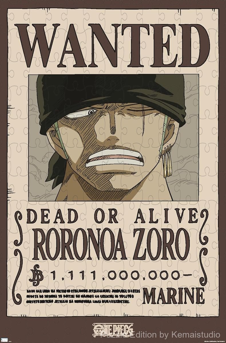 1000-piece wooden jigsaw puzzle featuring Roronoa Zoro's Wanted Poster.