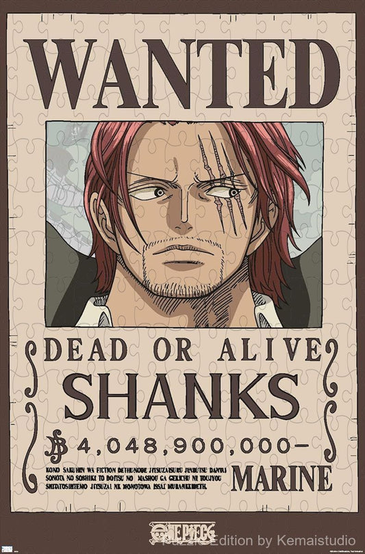 Shanks' bold wanted poster from One Piece in dramatic comic style