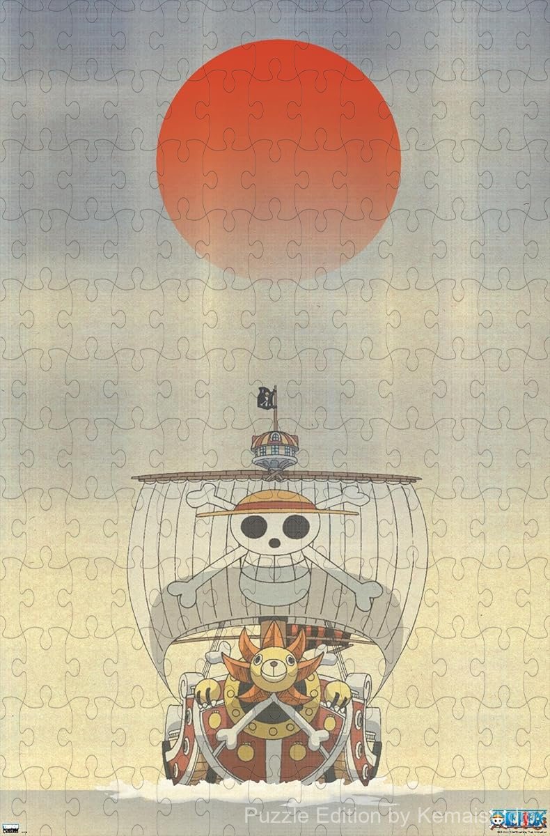 Wooden puzzle showcasing The Thousand Sunny ship in a vibrant, detailed design