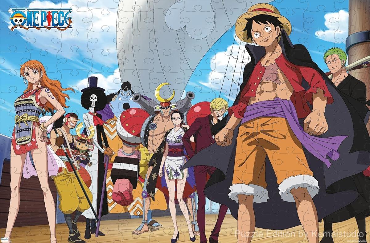 Wooden puzzle featuring the Straw Hat Pirates sailing in Wano Country, with high-definition print and intricate details