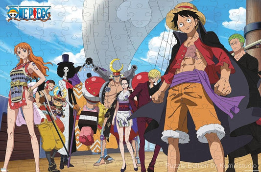 Wooden puzzle featuring the Straw Hat Pirates sailing in Wano Country, with high-definition print and intricate details