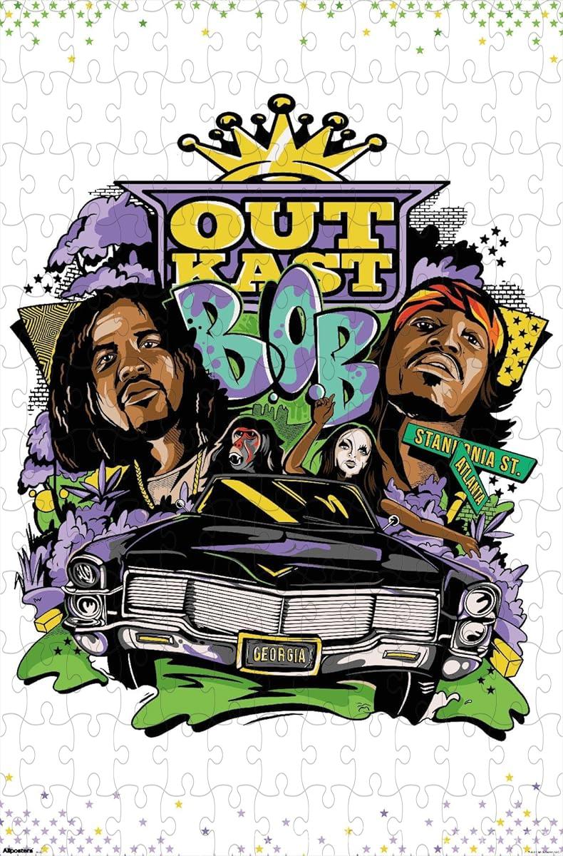 An artistic illustrated puzzle of Outkast with a creative twist, great for wall decor and music fans
