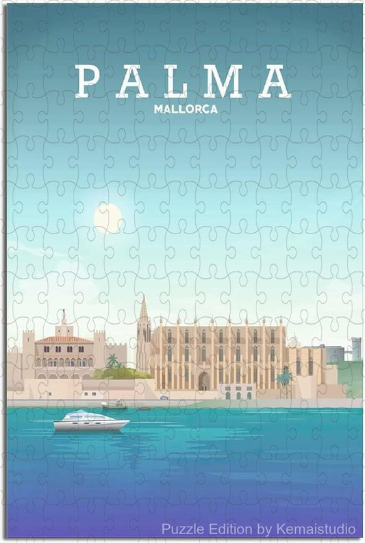 Coastal Palma Mallorca city puzzle inspired by vintage travel posters, a relaxing wooden jigsaw for adults