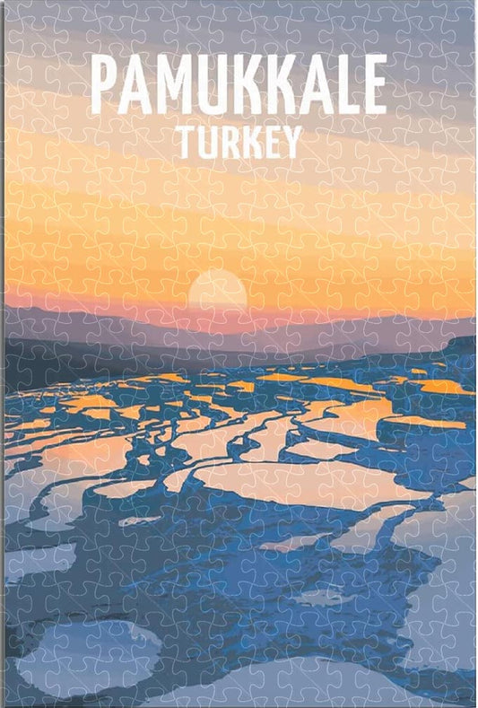 Pamukkale Turkey vintage travel poster jigsaw puzzle for adults, 1000-piece wooden puzzle of Pamukkale's natural terraces.