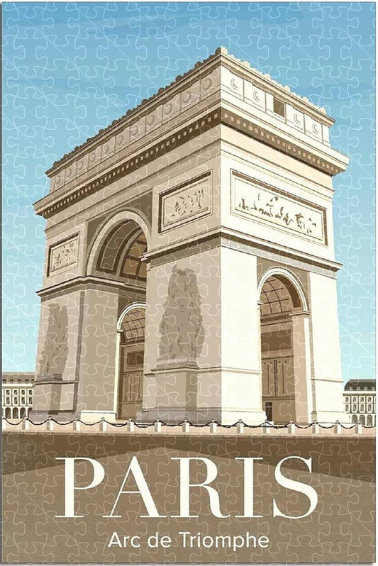 Paris Arc De Triomphe vintage travel poster jigsaw puzzle for adults, 1000-piece wooden puzzle showcasing Paris’s famous landmark.