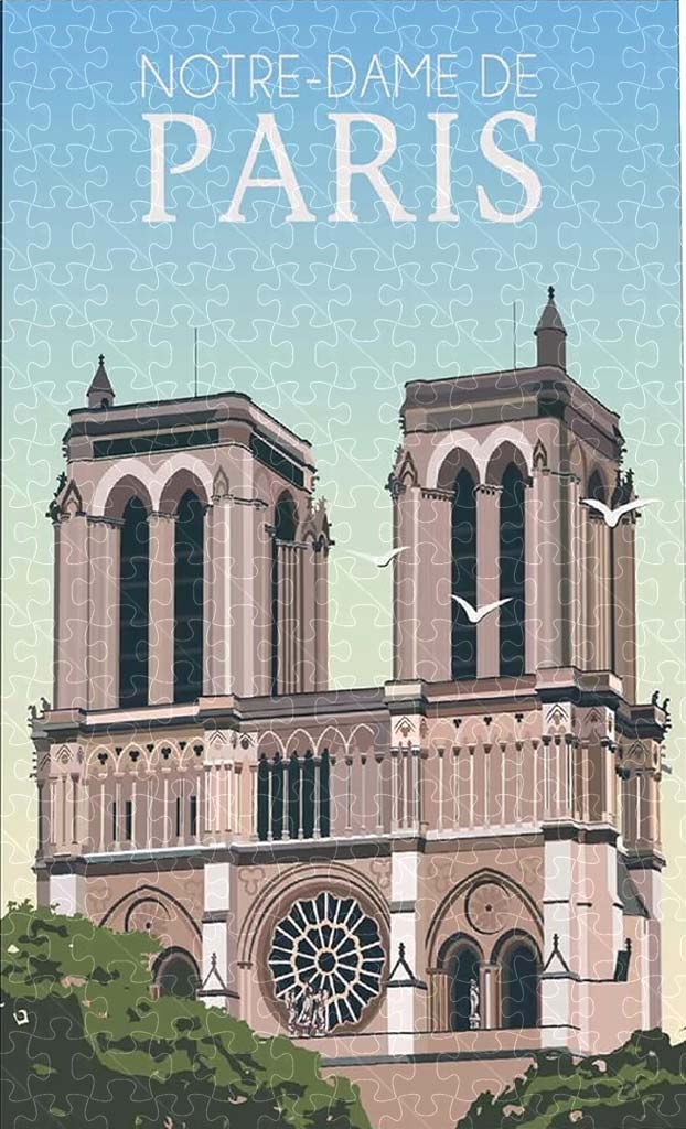 Paris Notre Dame vintage travel poster jigsaw puzzle for adults, 1000-piece wooden puzzle showcasing the famous cathedral.