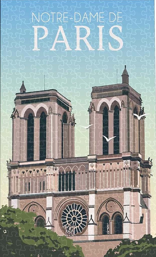 Paris Notre Dame vintage travel poster jigsaw puzzle for adults, 1000-piece wooden puzzle showcasing the famous cathedral.