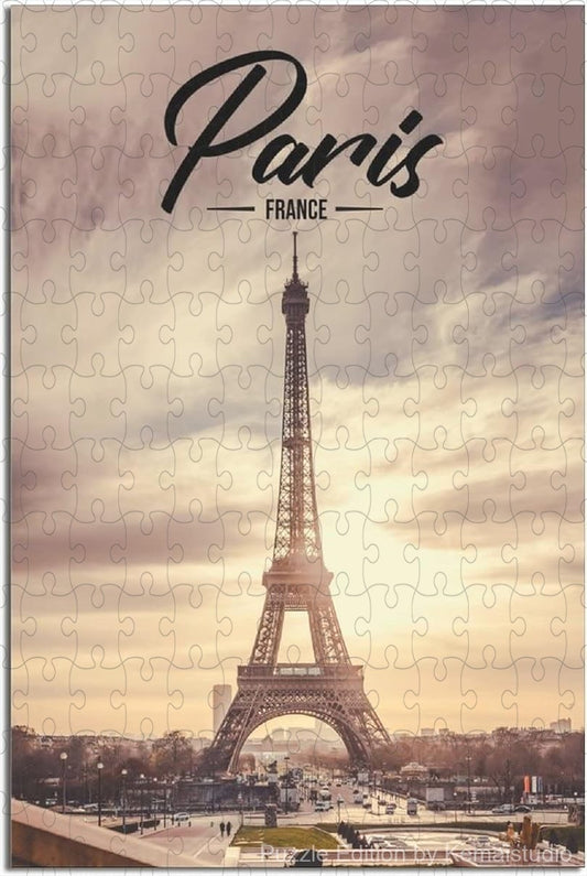 Wooden puzzle featuring a vintage Paris cityscape design, showcasing iconic landmarks