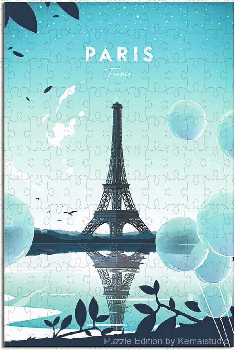 Vintage Paris poster puzzle with Eiffel Tower and romantic city art