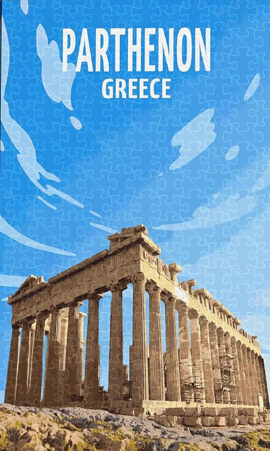 Parthenon Greece vintage travel poster jigsaw puzzle for adults, 1000-piece wooden puzzle of the iconic Parthenon temple.