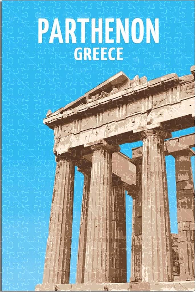 Parthenon Greece vintage travel poster jigsaw puzzle for adults, 1000-piece wooden puzzle of the iconic Parthenon temple.