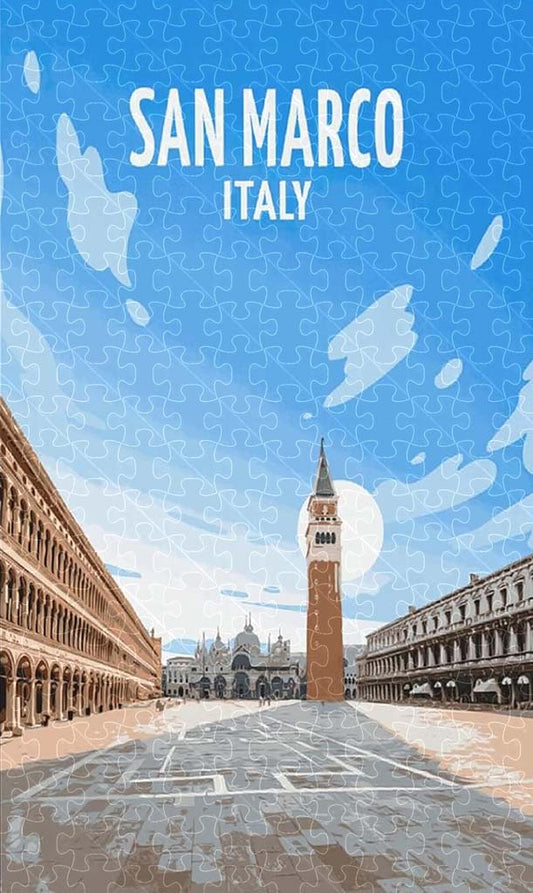 Piazza San Marco Venice Italy vintage travel poster jigsaw puzzle for adults, 1000-piece wooden puzzle showcasing Venice’s iconic square.