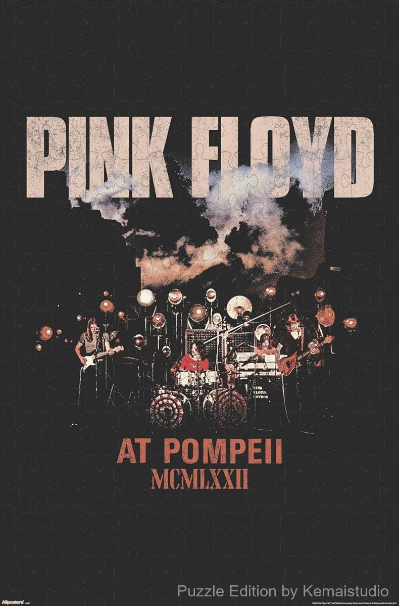 A vintage puzzle featuring Pink Floyd performing live at Pompeii, ideal for collectors and wall decor