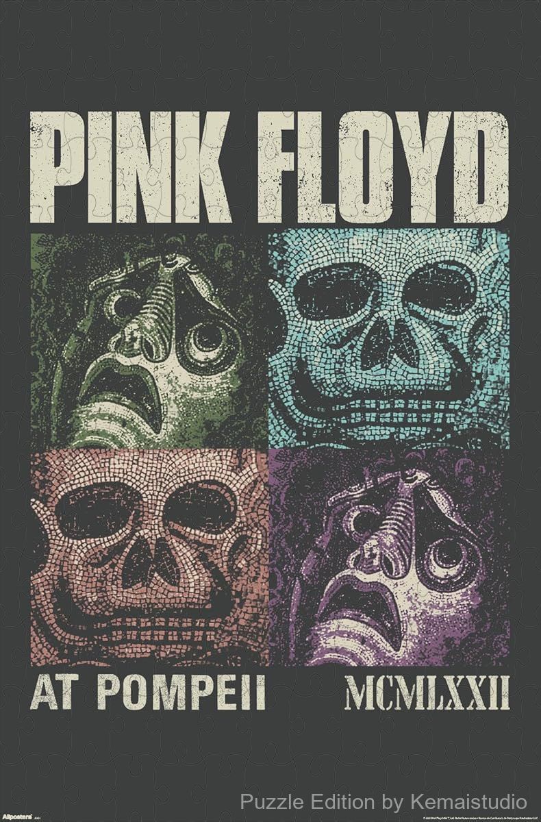 A complex puzzle featuring mosaic visuals from Pink Floyd's iconic Pompeii performance