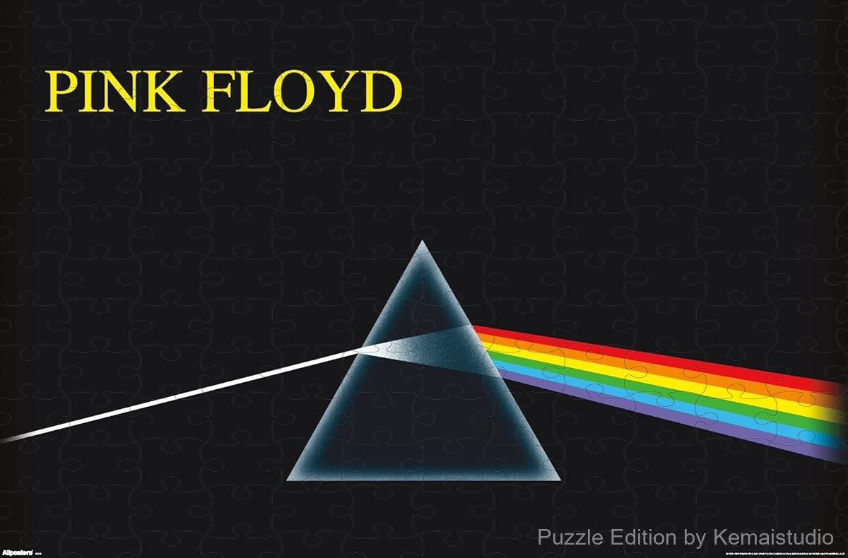 A vibrant and iconic jigsaw puzzle showing Pink Floyd's prism logo from The Dark Side of the Moon