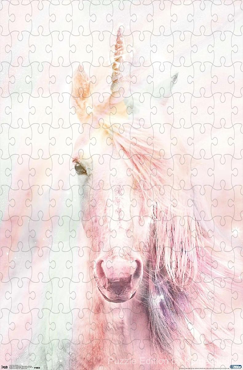 A magical pink unicorn running through a dreamy meadow, perfect for family puzzle nights