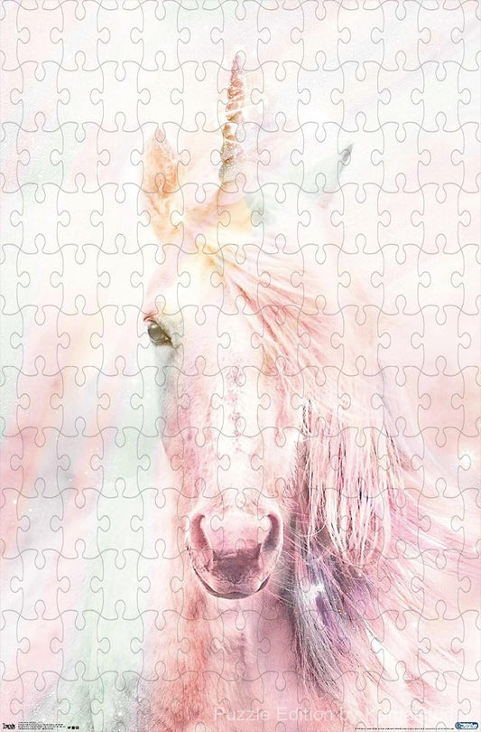 A magical pink unicorn running through a dreamy meadow, perfect for family puzzle nights