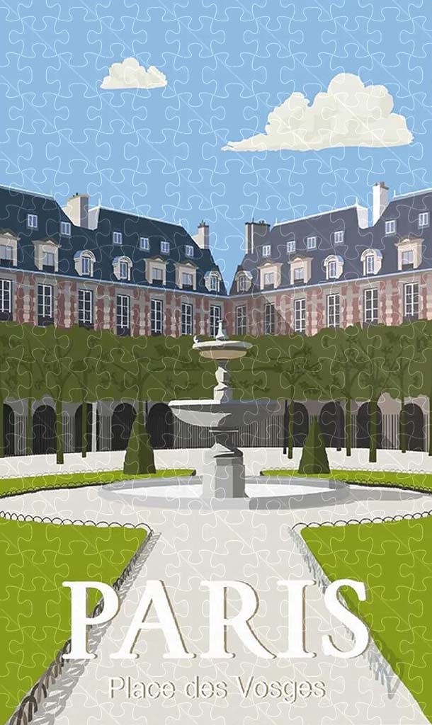 Place des Vosges Paris vintage travel poster jigsaw puzzle for adults, 1000-piece wooden puzzle of Paris's historic square.