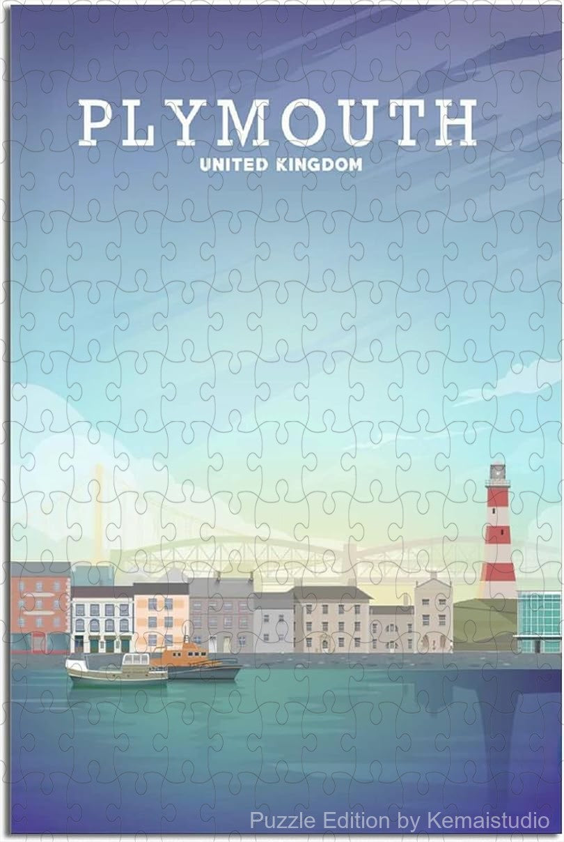 Puzzle artwork of Plymouth skyline in nostalgic vintage poster design