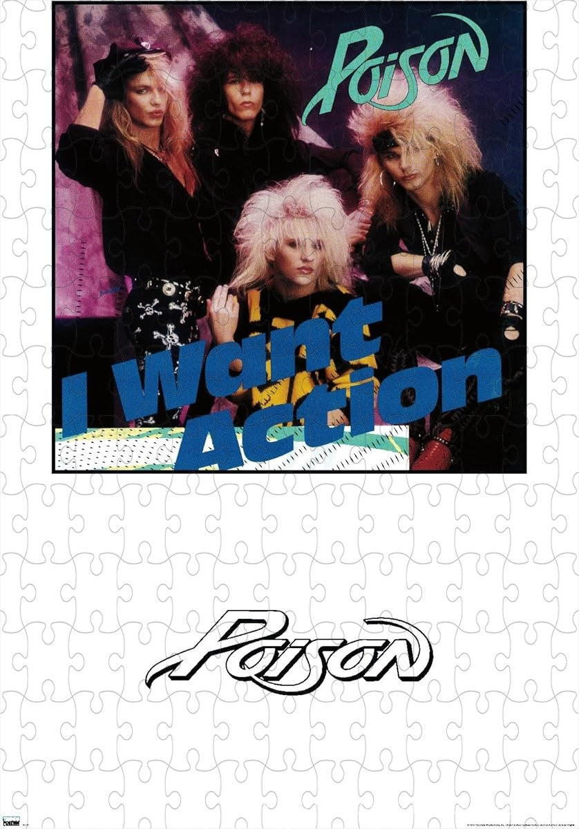 A high-energy puzzle featuring Poison's I Want Action album art, ideal for 80s music fans