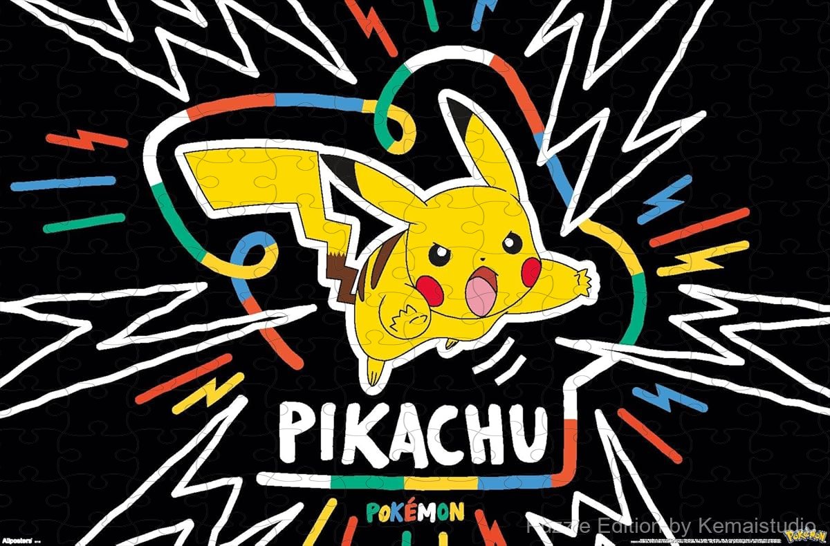 Wooden puzzle featuring Pikachu in a colorful doodle art style, with bright and playful visuals