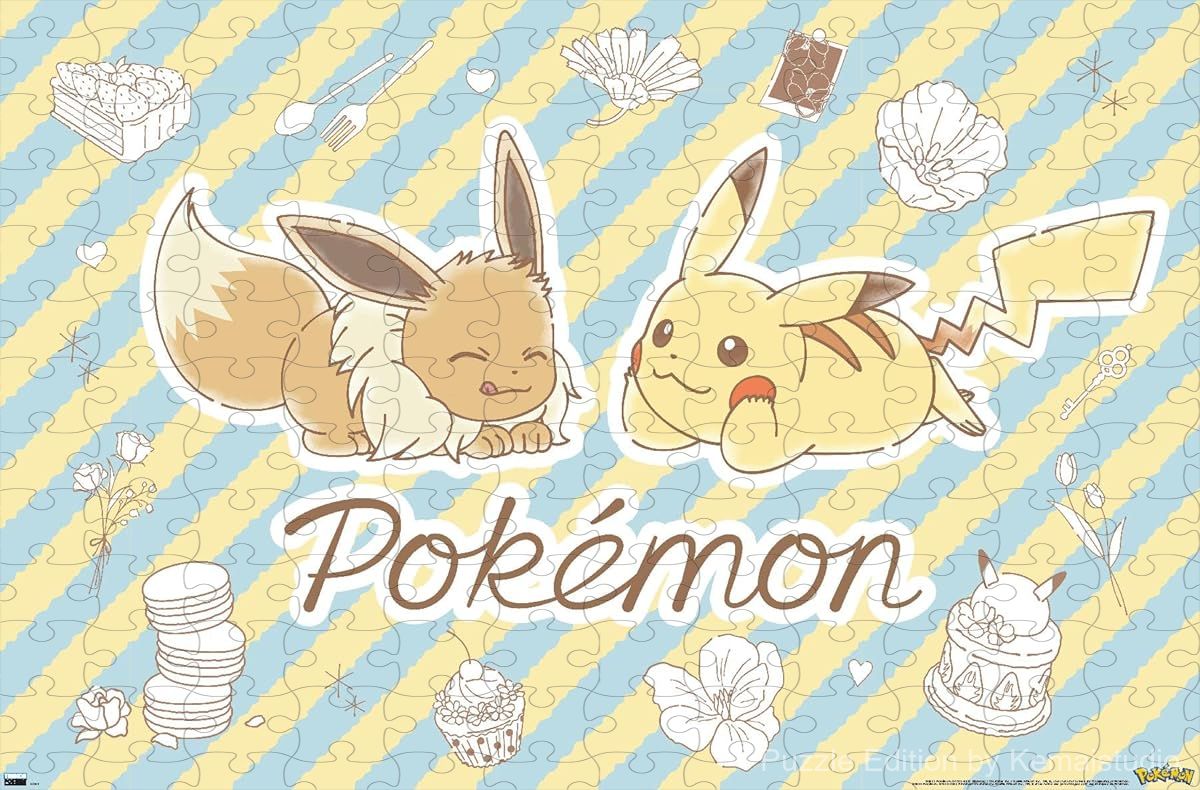 Wooden puzzle featuring Pokemon characters in a delicate flower caf¨¦ sketch, with soft and elegant visuals