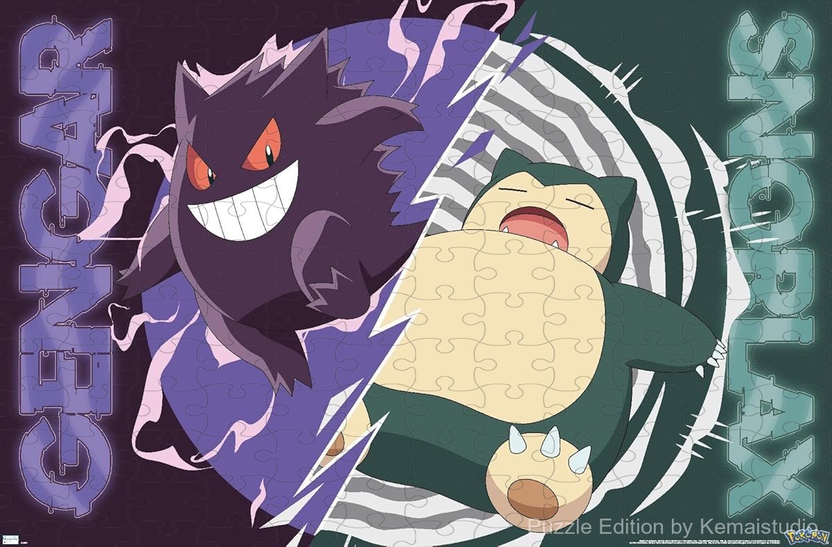Wooden puzzle featuring the epic battle between Gengar and Snorlax, with dynamic visuals